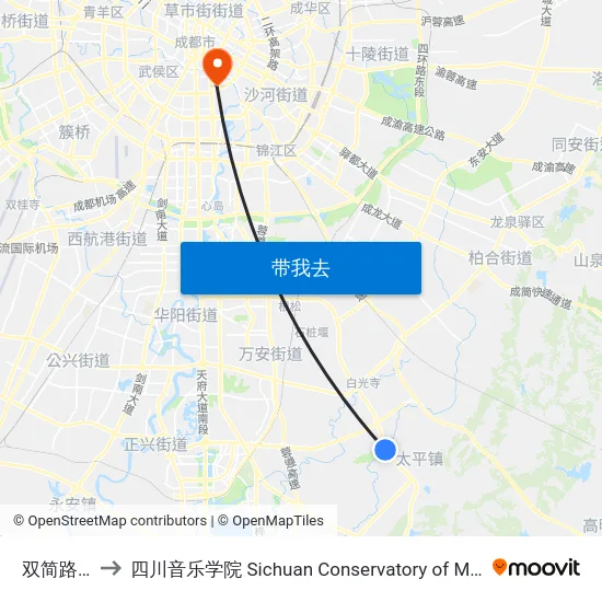 双简路口 to 四川音乐学院 Sichuan Conservatory of Music map