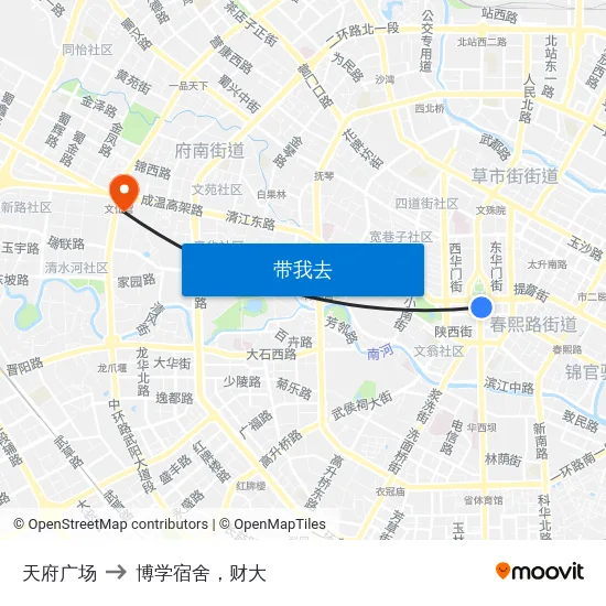天府广场 to 博学宿舍，财大 map