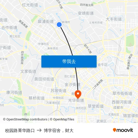 校园路菁华路口 to 博学宿舍，财大 map
