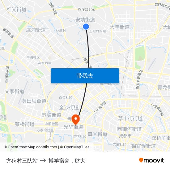 方碑村三队站 to 博学宿舍，财大 map