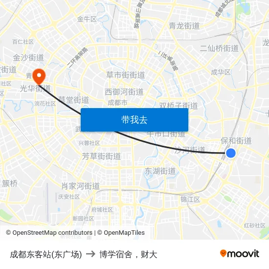 成都东客站(东广场) to 博学宿舍，财大 map