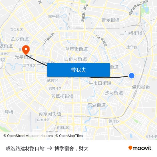 成洛路建材路口站 to 博学宿舍，财大 map