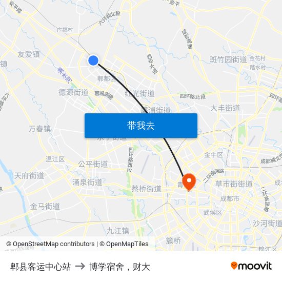 郫县客运中心站 to 博学宿舍，财大 map