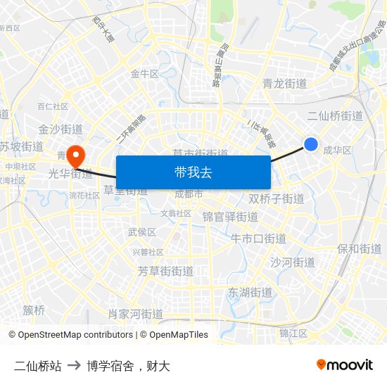 二仙桥站 to 博学宿舍，财大 map
