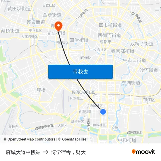 府城大道中段站 to 博学宿舍，财大 map