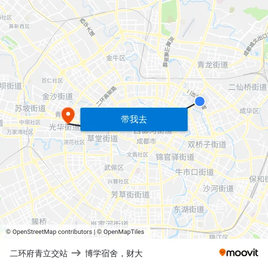 二环府青立交站 to 博学宿舍，财大 map