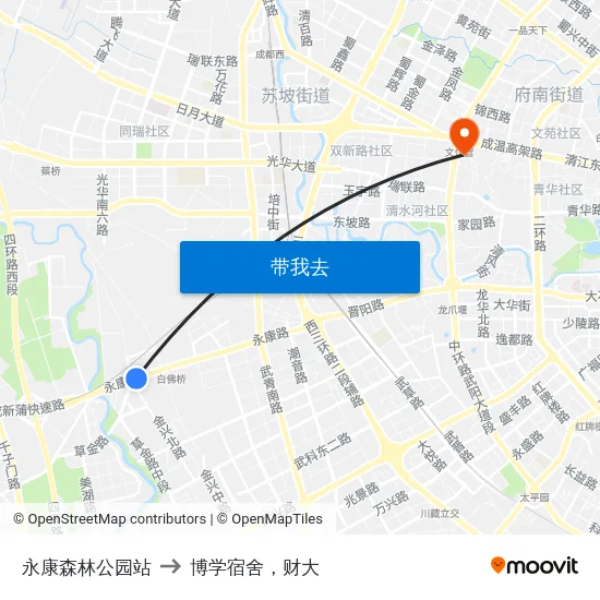 永康森林公园站 to 博学宿舍，财大 map