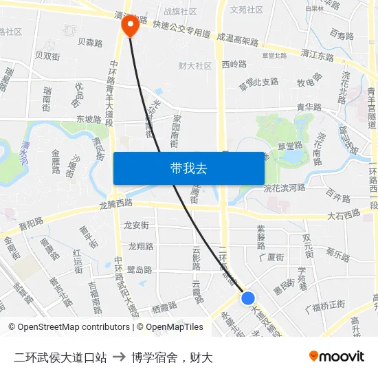 二环武侯大道口站 to 博学宿舍，财大 map