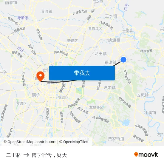 二里桥 to 博学宿舍，财大 map
