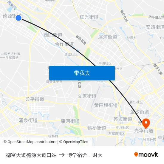 德富大道德源大道口站 to 博学宿舍，财大 map