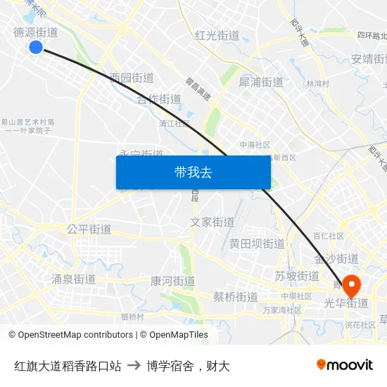 红旗大道稻香路口站 to 博学宿舍，财大 map
