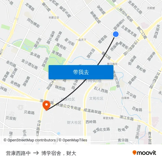 营康西路中 to 博学宿舍，财大 map