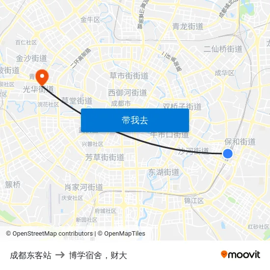 成都东客站 to 博学宿舍，财大 map