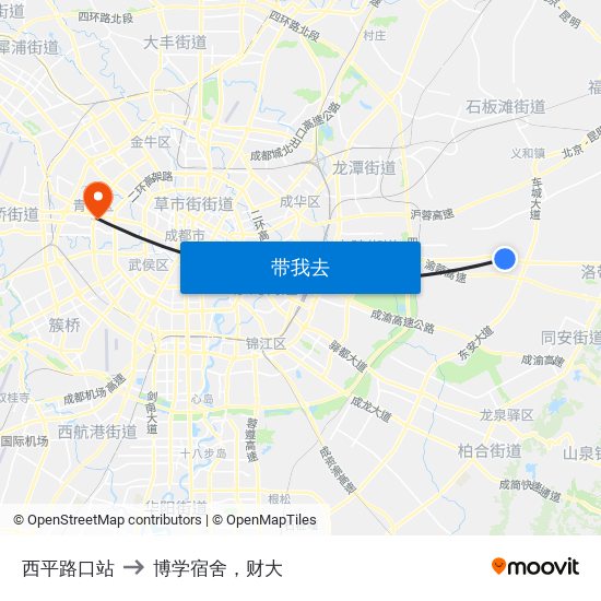 西平路口站 to 博学宿舍，财大 map