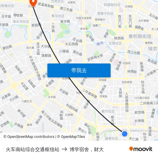 火车南站综合交通枢纽站 to 博学宿舍，财大 map