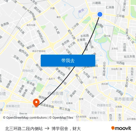 北三环路二段内侧站 to 博学宿舍，财大 map