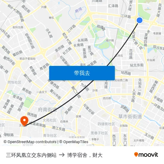 三环凤凰立交东内侧站 to 博学宿舍，财大 map