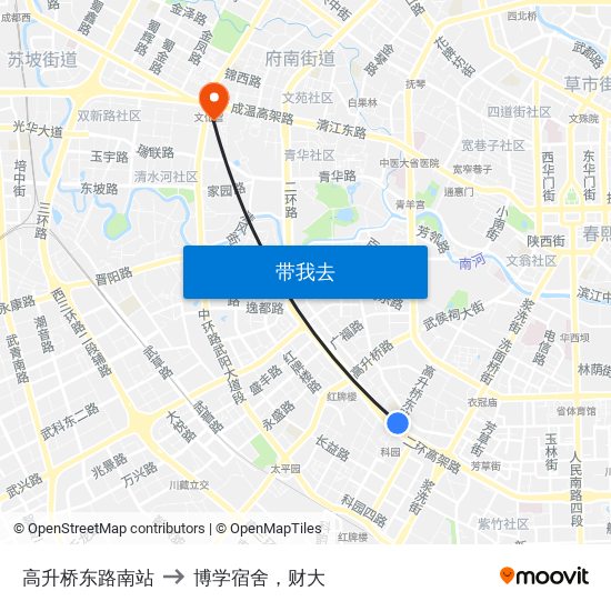 高升桥东路南站 to 博学宿舍，财大 map