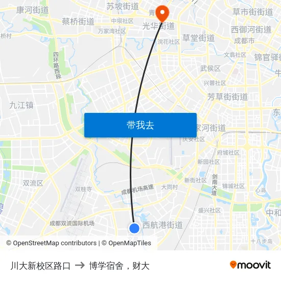 川大新校区路口 to 博学宿舍，财大 map