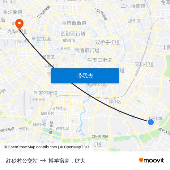 红砂村公交站 to 博学宿舍，财大 map