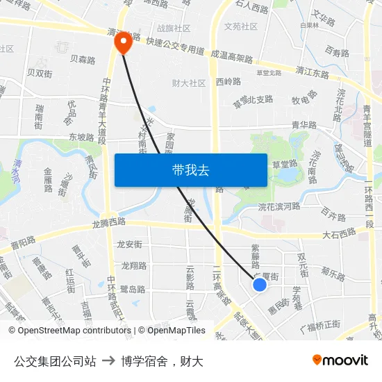 公交集团公司站 to 博学宿舍，财大 map