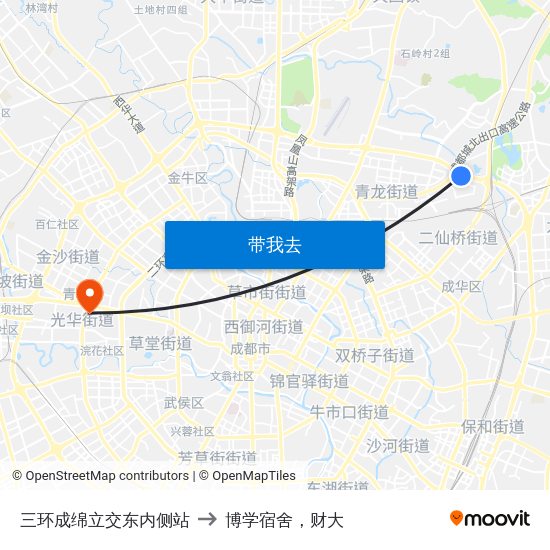 三环成绵立交东内侧站 to 博学宿舍，财大 map