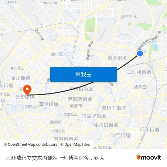 三环成绵立交东内侧站 to 博学宿舍，财大 map