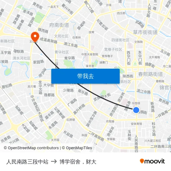 人民南路三段中站 to 博学宿舍，财大 map