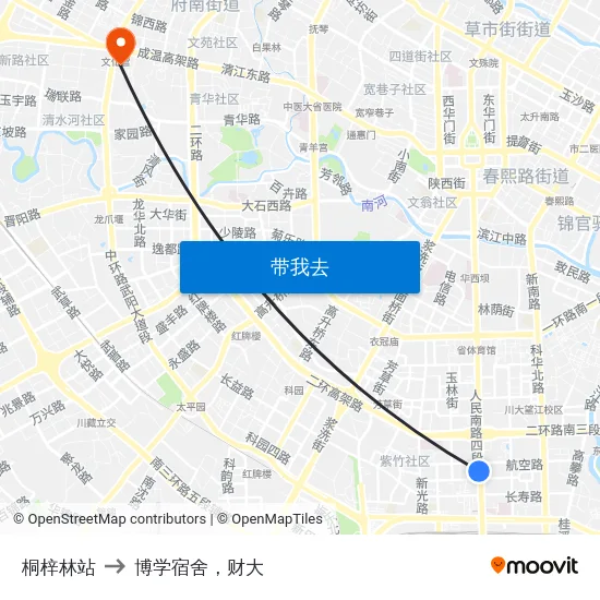 桐梓林站 to 博学宿舍，财大 map