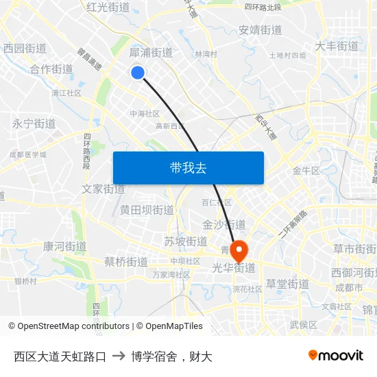 西区大道天虹路口 to 博学宿舍，财大 map
