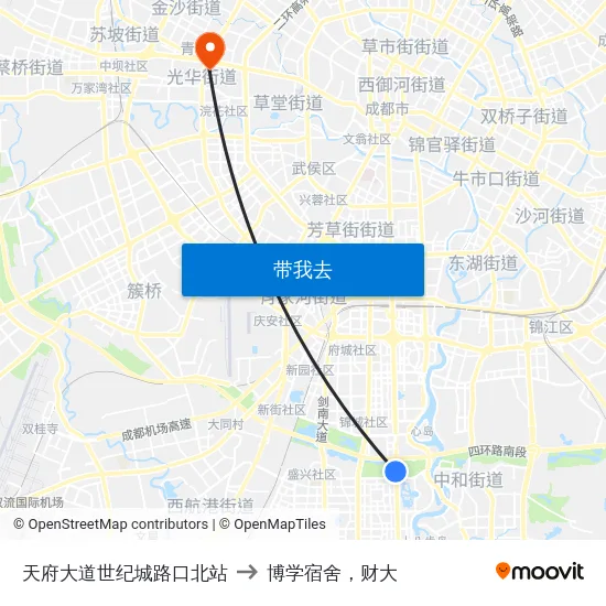 天府大道世纪城路口北站 to 博学宿舍，财大 map