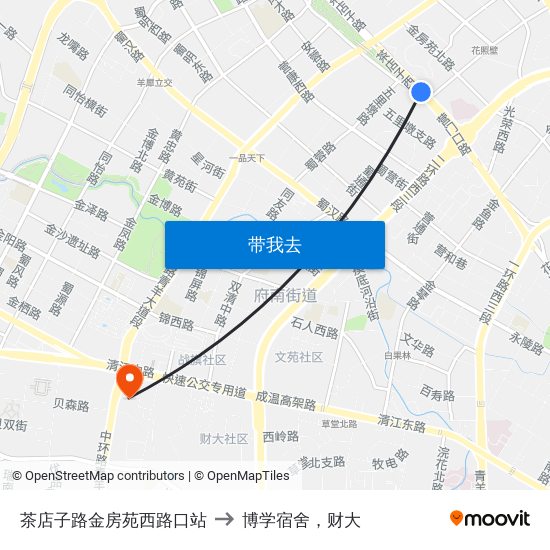 茶店子路金房苑西路口站 to 博学宿舍，财大 map