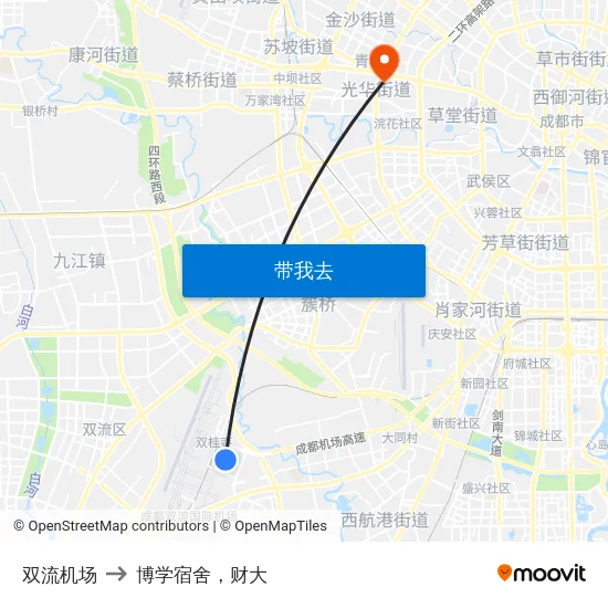 双流机场 to 博学宿舍，财大 map