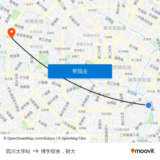 四川大学站 to 博学宿舍，财大 map