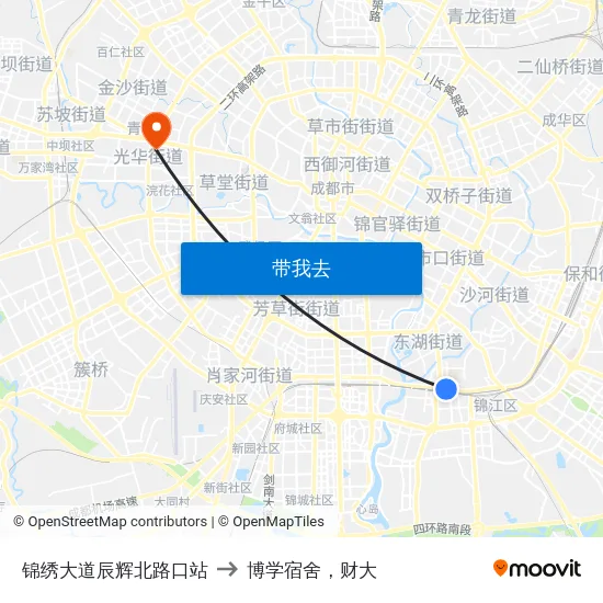锦绣大道辰辉北路口站 to 博学宿舍，财大 map