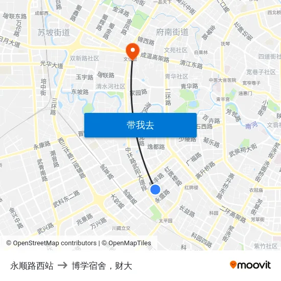 永顺路西站 to 博学宿舍，财大 map