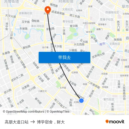 高朋大道口站 to 博学宿舍，财大 map
