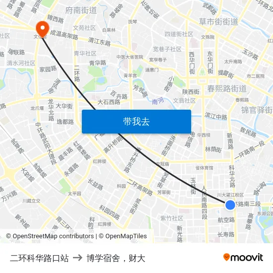 二环科华路口站 to 博学宿舍，财大 map