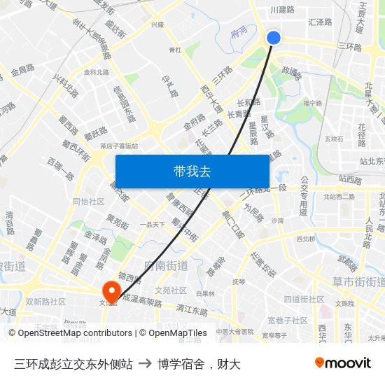 三环成彭立交东外侧站 to 博学宿舍，财大 map