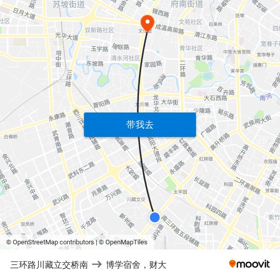 三环路川藏立交桥南 to 博学宿舍，财大 map