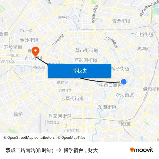 双成二路南站(临时站) to 博学宿舍，财大 map
