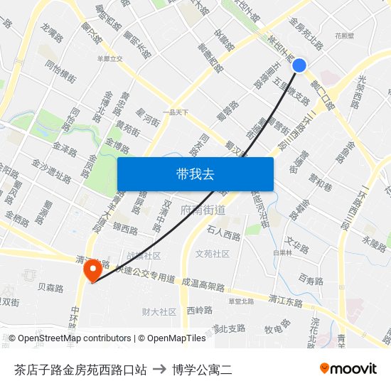 茶店子路金房苑西路口站 to 博学公寓二 map