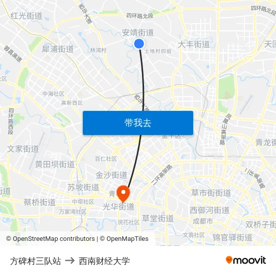 方碑村三队站 to 西南财经大学 map