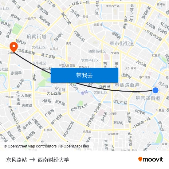 东风路站 to 西南财经大学 map