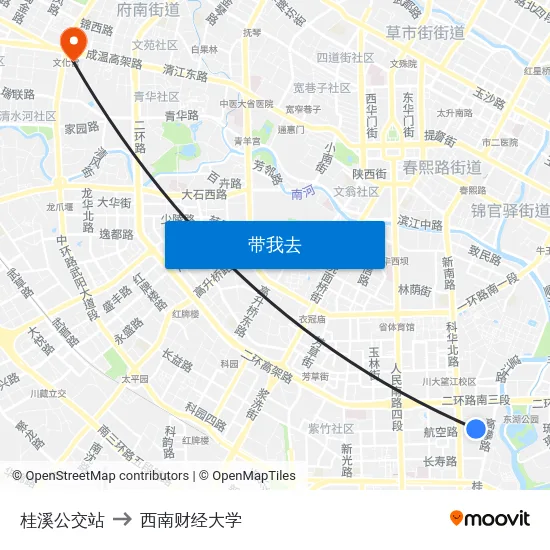 桂溪公交站 to 西南财经大学 map