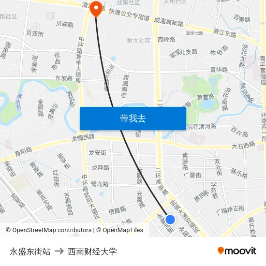 永盛东街站 to 西南财经大学 map
