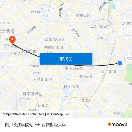 四川长江学院站 to 西南财经大学 map