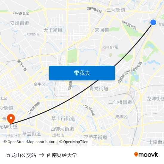 五龙山公交站 to 西南财经大学 map