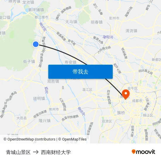 青城山景区 to 西南财经大学 map