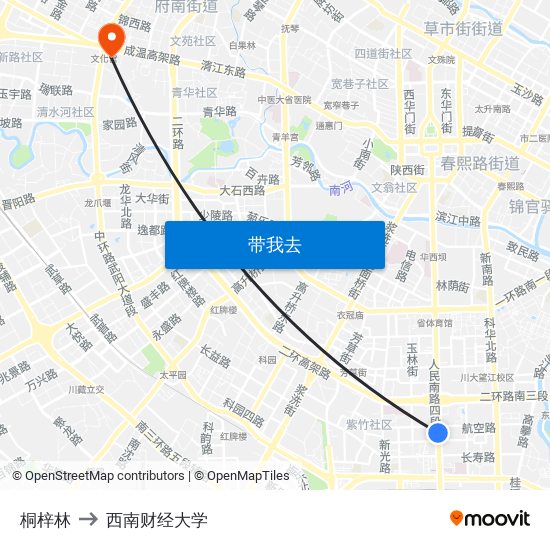 桐梓林 to 西南财经大学 map